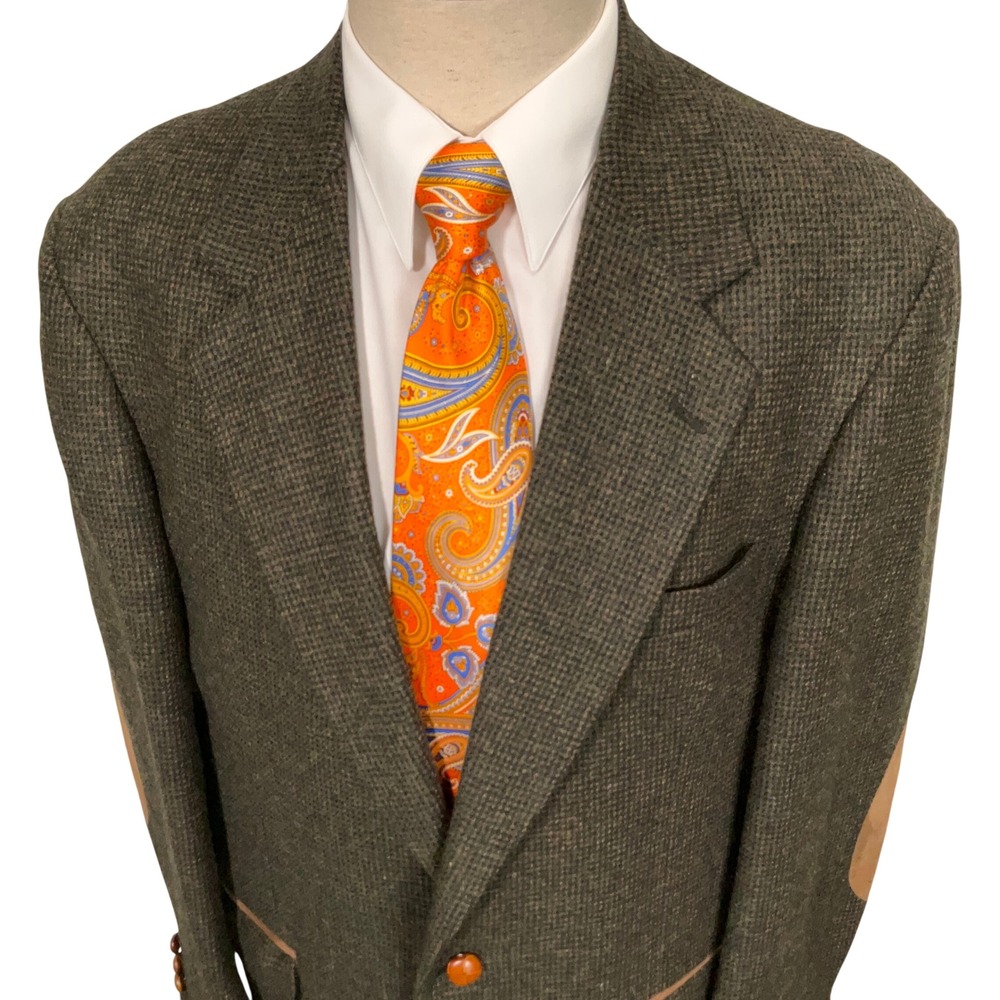 Cross & Winsor Blazer Mens 42L Green Elbow Patches Wool Tweed